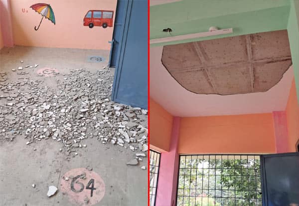 முதல்வர் திறந்து 20 நாளில் உதிர்ந்து விழும் பள்ளி கட்டடம்: அச்சத்தில்  மாணவர்கள் | School building collapsing within 20 days of CMs inauguration:  Students in fear | Dinamalar