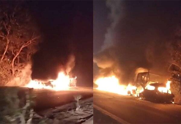  Truck collides with car and catches fire: 8 killed   கார் மீது லாரி மோதி தீப்பற்றியது: 8 பேர் பலி